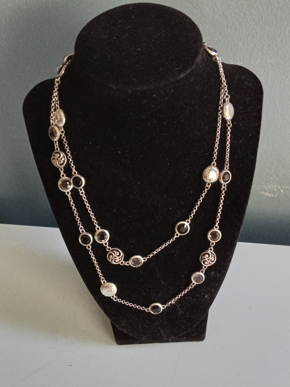 Brighton Silver Tone Black Crystal Station Double Strand Long Necklace Swirl